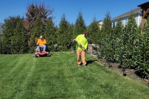 A man mowing a lawn with a lawn mower