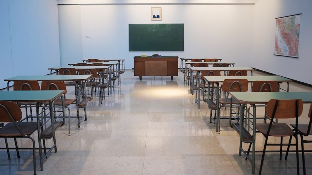 empty classroom with desks and chalkboard