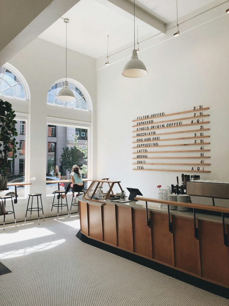 modern coffee shop interior with curved counter