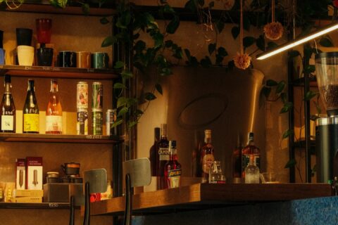 Bar counter with bottles, plants, and stools