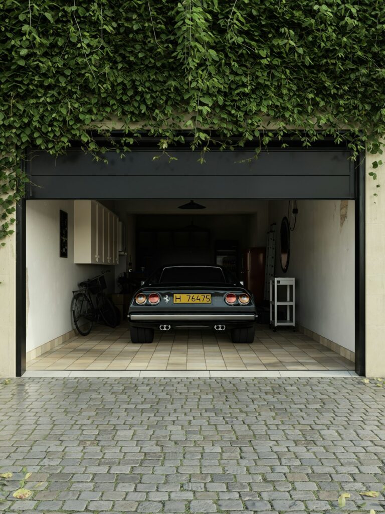 Classic car parked in an open garage with ivy overhead