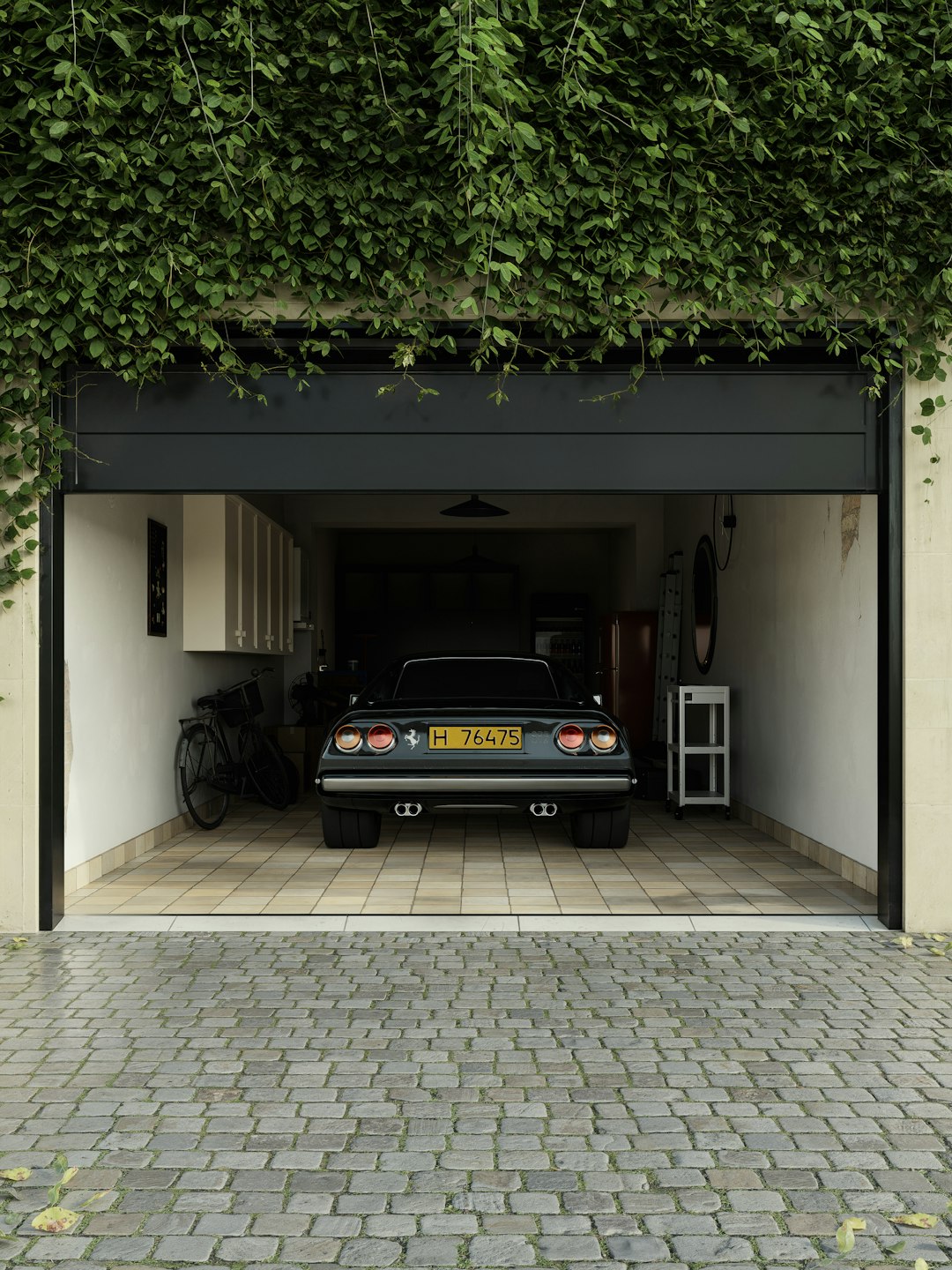 Classic car parked in an open garage with ivy overhead
