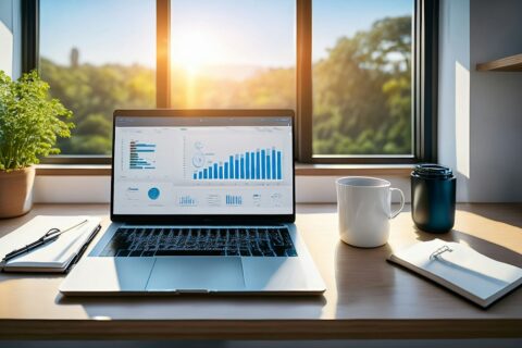 Laptop with charts on a desk by a sunny window